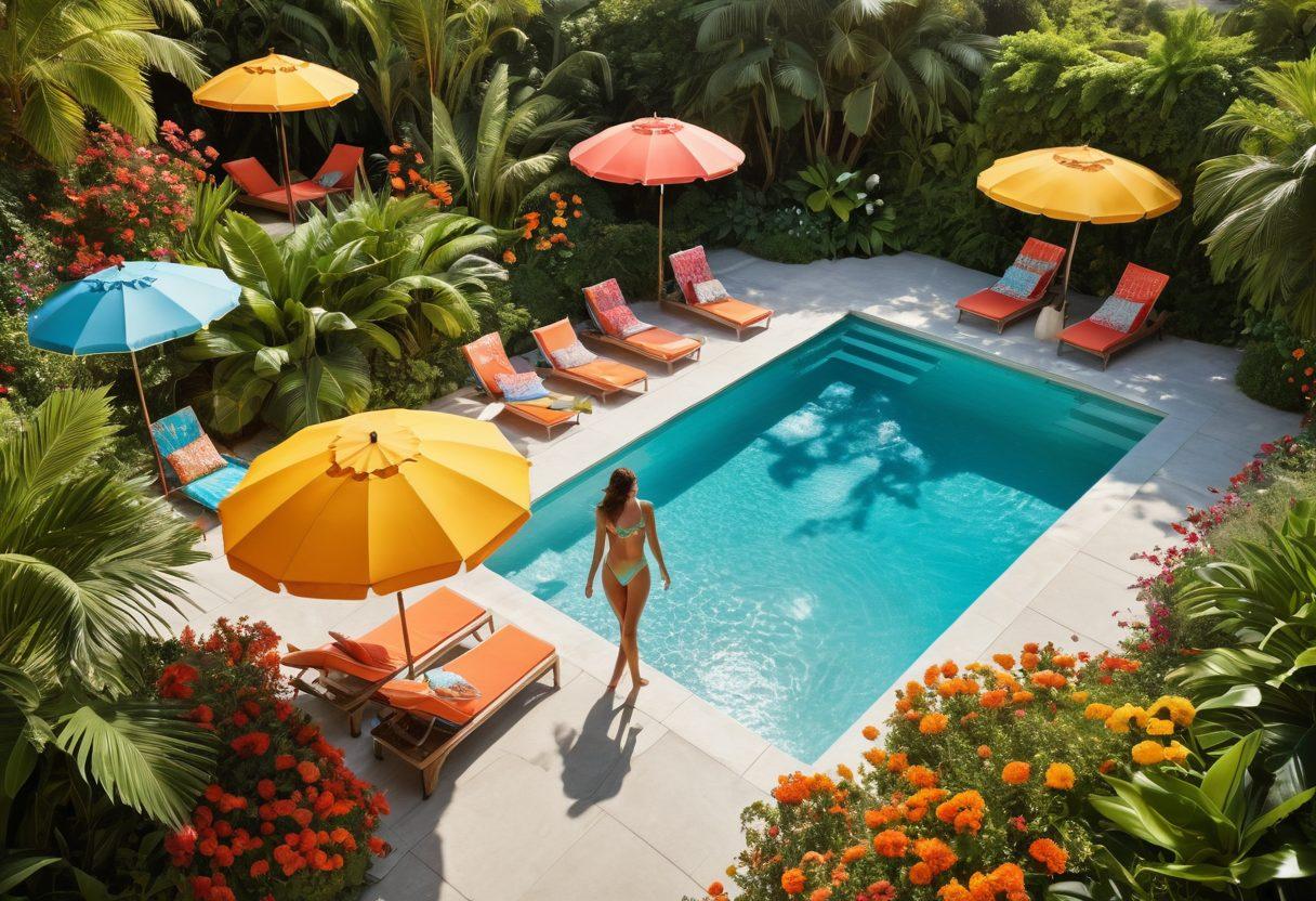 A vibrant beach scene transitioning into a lively pool party, showcasing stylish beachwear on the left side with colorful umbrellas and sunbathers, smoothly blending into a dynamic poolside with festive floats and chic swimwear on the right. Lush greenery and bright summer flowers encircle both areas, emanating a warm sunlight glow. Incorporate cheerful people enjoying the summer spirit, and evoke a sense of fun and style. super-realistic. vibrant colors. 3D.