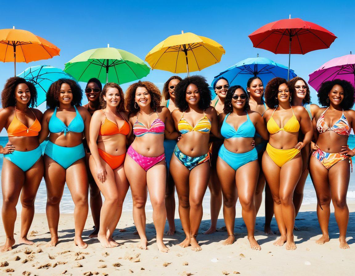 A diverse group of confident individuals of varying body shapes and sizes joyfully wearing colorful swimwear at a sunlit beach, showcasing their unique styles. The background features beach umbrellas and a sparkling ocean, with one person striking a dynamic pose to emphasize empowerment. Incorporate elements of body positivity symbols subtly in the scene. bright colors. vibrant and uplifting atmosphere.